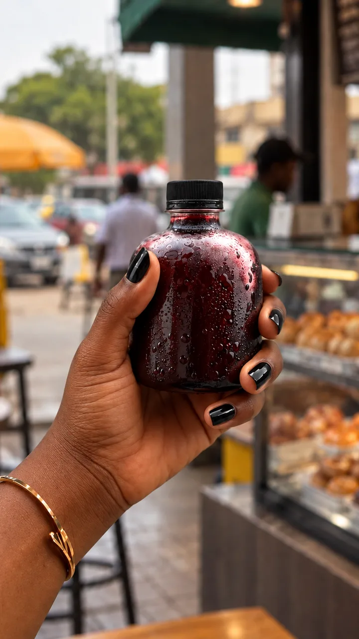A hand holding a chilled berry drink in front of a cafe counter, a sample visual